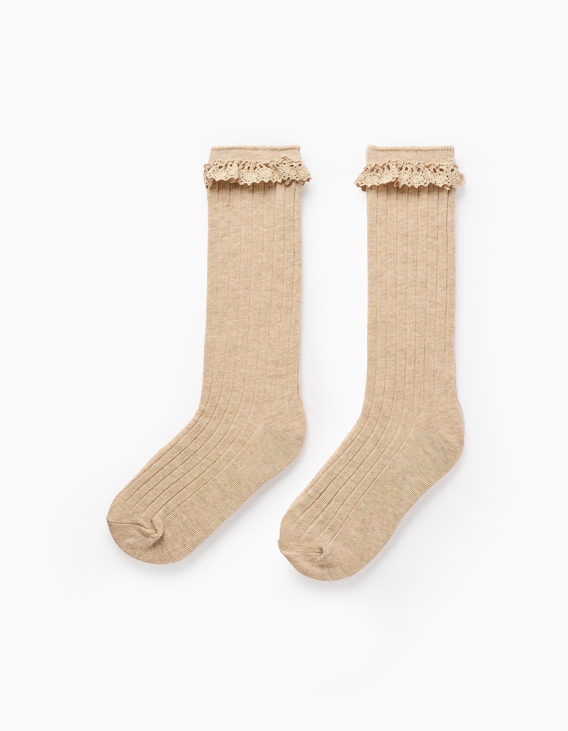 Calcetines Altos Acanalados con Volantes de Ganchillo para Niña, Beige