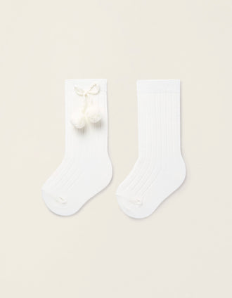 Ribbed Knee-High Socks with Pompoms for Baby Girls, White