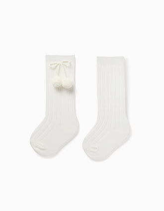 Ribbed Knee-High Socks with Pompoms for Baby Girls, White