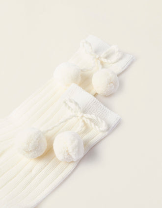 Ribbed Knee-High Socks with Pompoms for Baby Girls, White