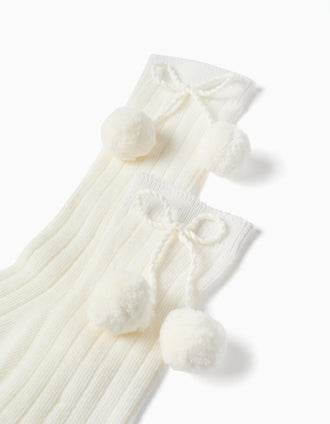 Ribbed Knee-High Socks with Pompoms for Baby Girls, White