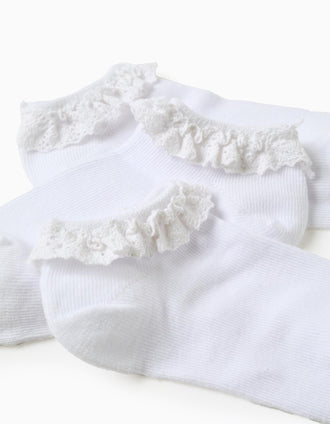 Pack of 3 Ankle Socks with Crochet Ruffles for Girls, White