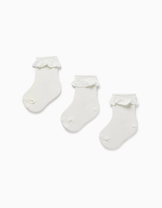 Pack 3 Pares de Meias com Bordado Inglês para Bebé Menina, Branco