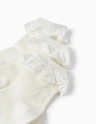 Pack 3 Pares de Meias com Bordado Inglês para Bebé Menina, Branco