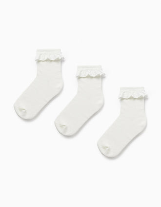 Pack 3 Paires de Chaussettes avec Broderie Anglaise pour Fille, Blanc