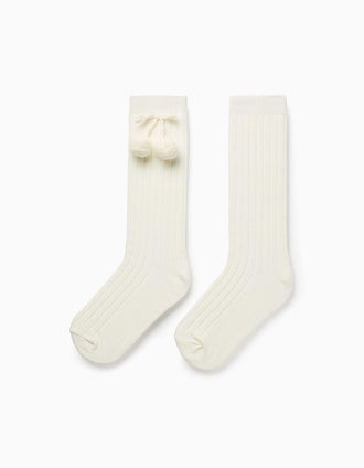 Calcetines Altos Acanalados con Pompones para Niña, Blanco