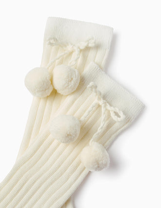Calcetines Altos Acanalados con Pompones para Niña, Blanco