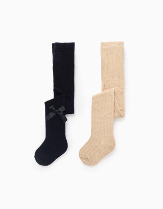 Pack of 2 Tights Ribbed/with Bow for Baby Girls, Beige/Dark Blue