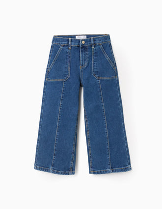 Calças de Ganga com Costuras em Relevo para Menina 'Wide Leg', Azul 