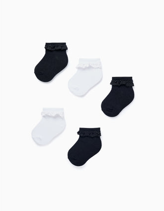 Pack of 5 Pairs of Socks with Crochet for Baby Girls, White/Blue