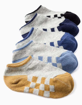 Pack of 5 Pairs of Ankle Socks for Baby Boys 'Squares', Grey/Blue/Yellow
