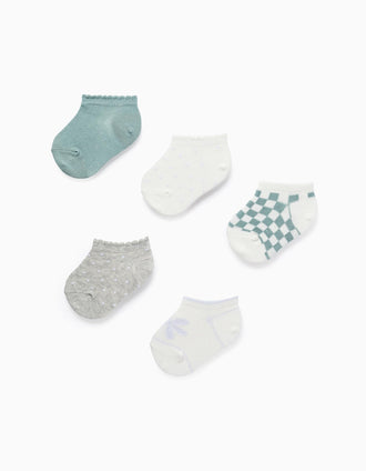 Pack of 5 Pairs of Ankle Socks with Lurex Threads for Baby Girls, Grey/White/Green