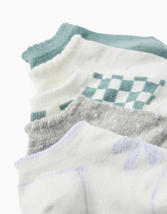 Pack of 5 Pairs of Ankle Socks with Lurex Threads for Baby Girls, Grey/White/Green