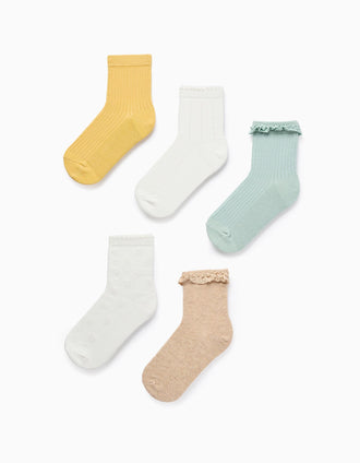 Pack of 5 Pairs of Socks for Girls, Yellow/White/Beige/Green