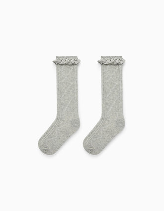 High Socks with Crochet Frills for Girls, Grey