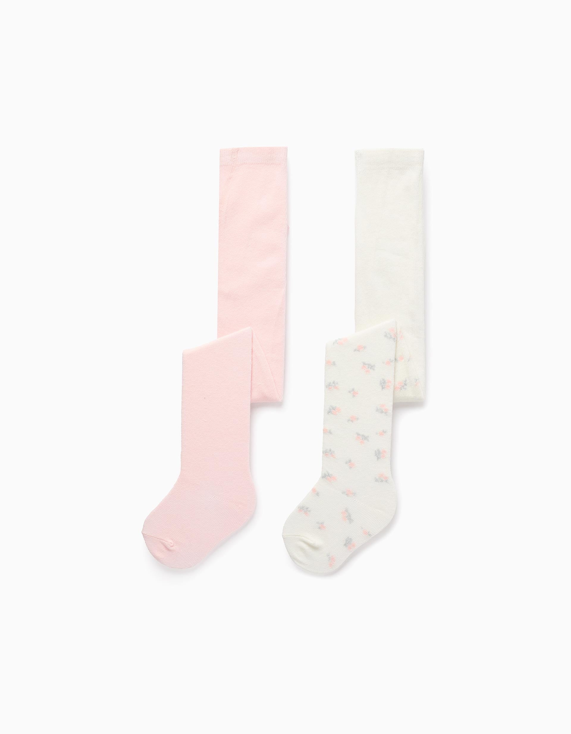 Pack 2 Collants Liso/Floral para Bebé Menina, Branco/Rosa