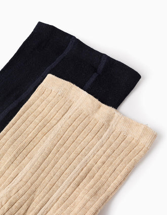 Pack 2 Leotardos Canalé/Con Lazo para Niña, Beige/Azul Oscuro