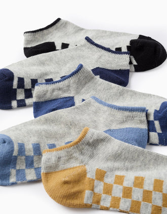 Pack 5 Paires de Socquettes pour Garçon 'Carreaux', Gris/Bleu/Jaune