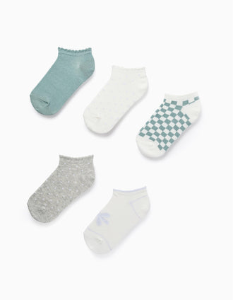Pack of 5 Pairs of Ankle Socks with Lurex Threads for Girls, Grey/White/Green