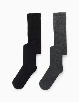 Pack 2 Leotardos Liso/Rombos para Niña, Gris/Negro