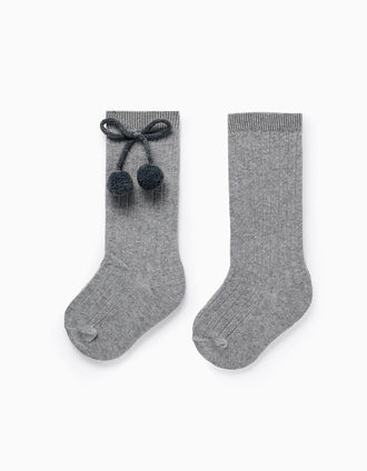 High Socks with Pompons for Baby Girls, Grey