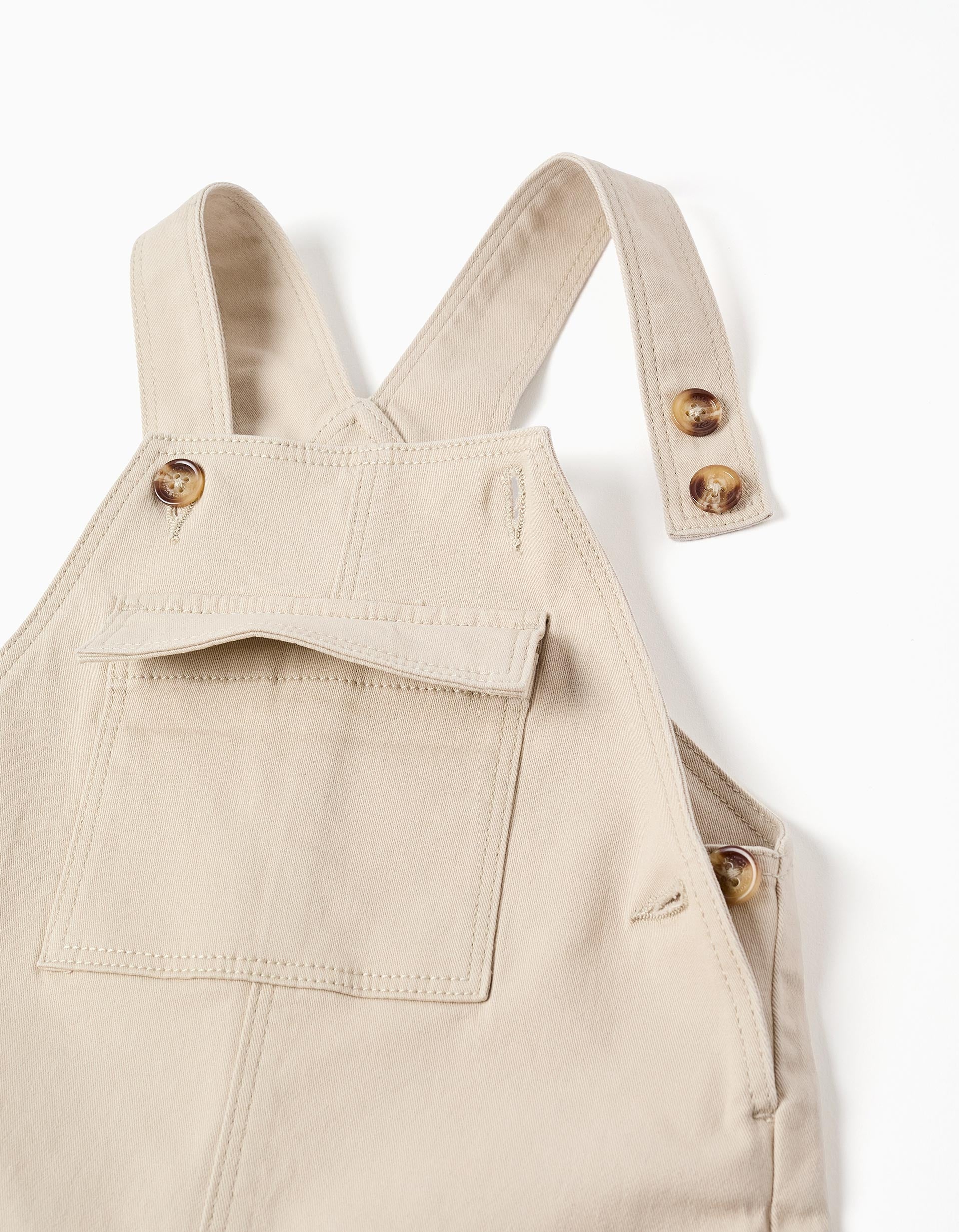 Jardineiras de sarja com bolso frontal com aba para bebé menino, bege