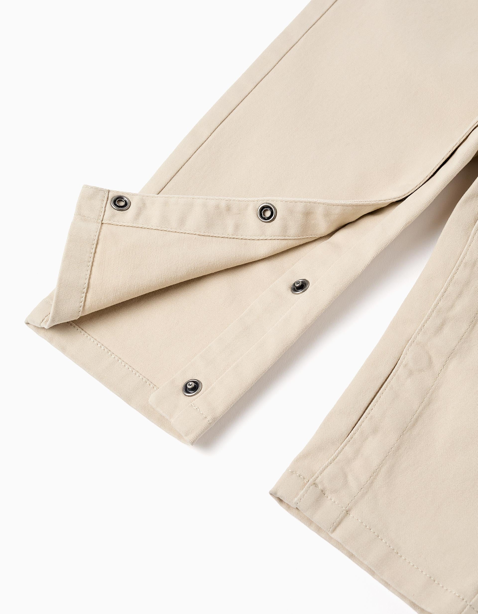 Jardineiras de sarja com bolso frontal com aba para bebé menino, bege