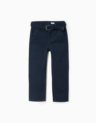 Calças Chino de Sarja com Cinto para Menino 'Straight Fit', Azul