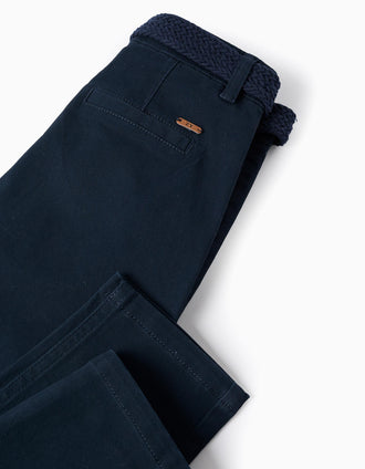 Calças Chino de Sarja com Cinto para Menino 'Straight Fit', Azul