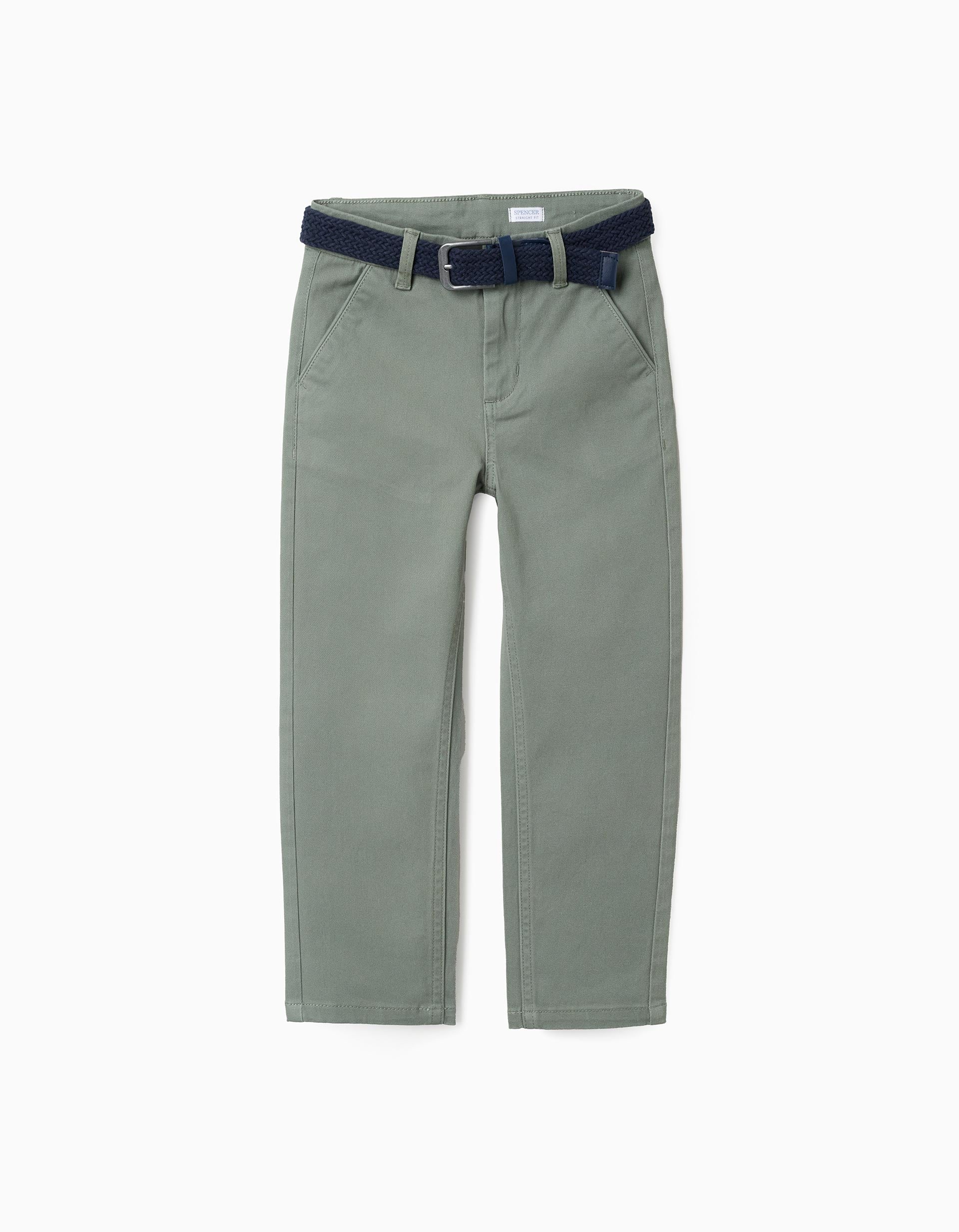Twill Chino Trousers with Belt for Boys 'Straight Fit', Green