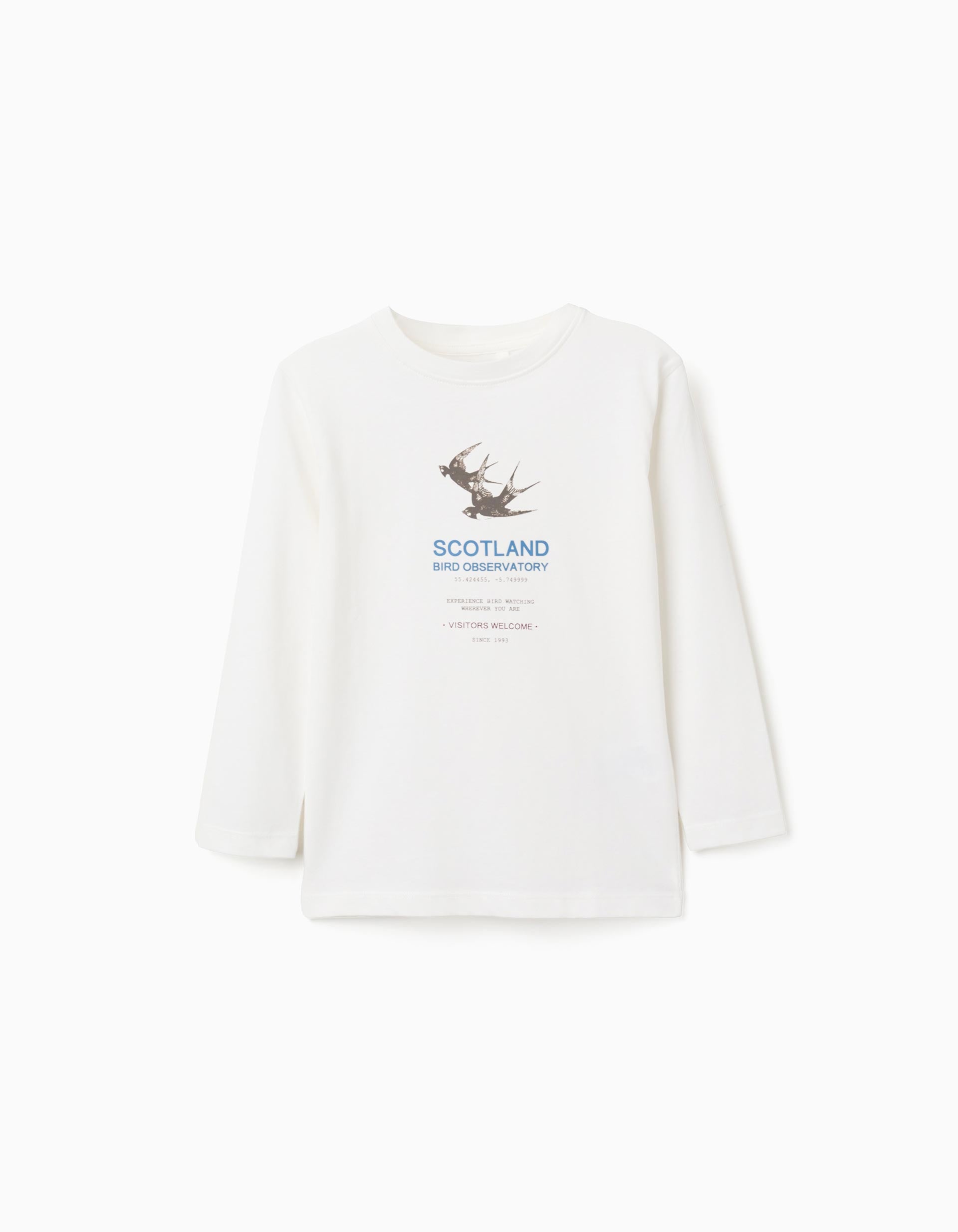 Camiseta de manga larga de algodón 'bird observatory' para niño, blanco