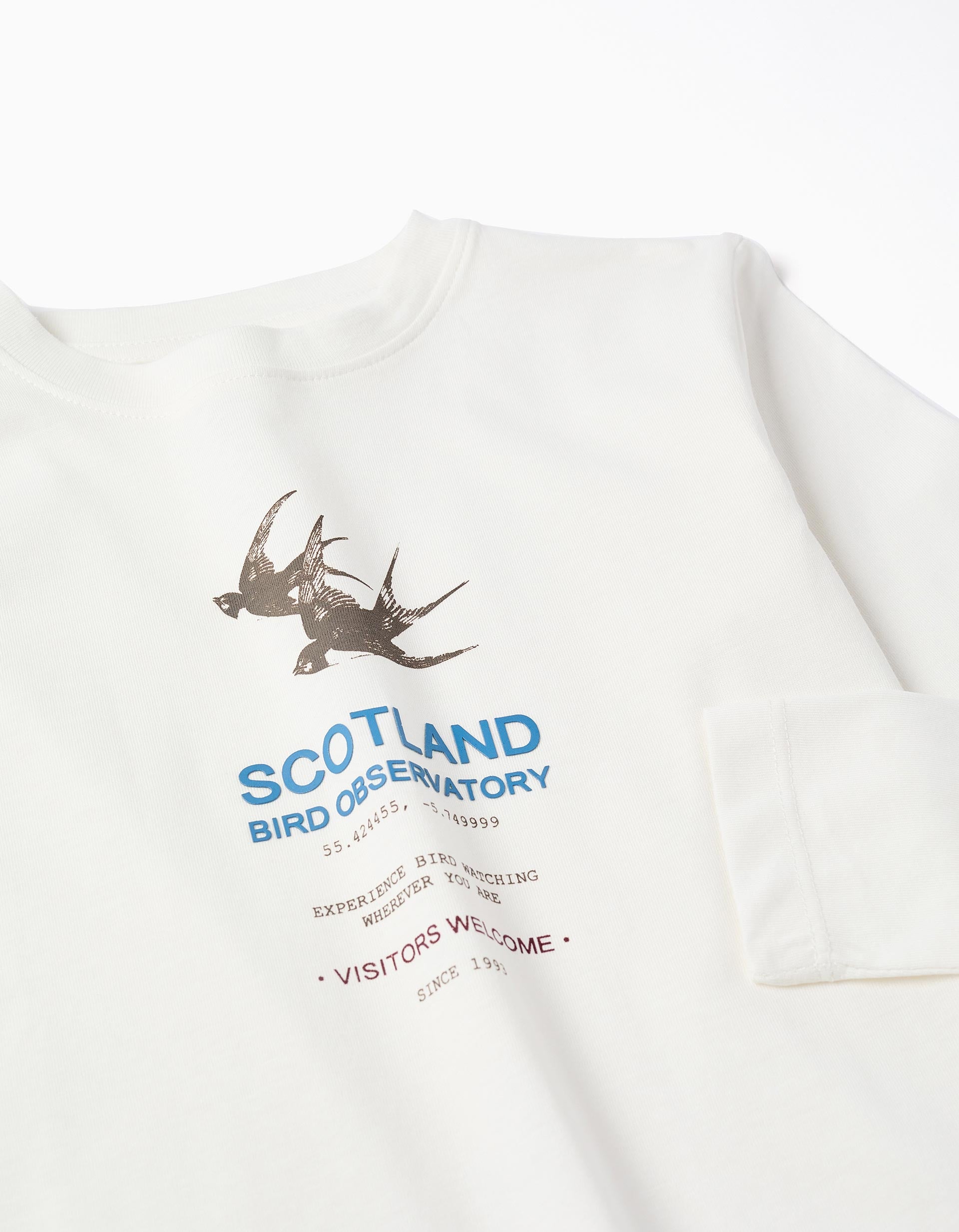 Camiseta de manga larga de algodón 'bird observatory' para niño, blanco