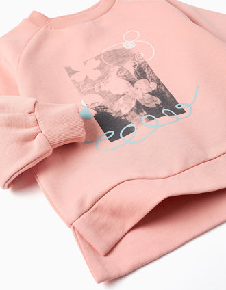 Sweat cardada com estampado frontal para menina, laranja-salmão