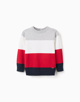 Camisola de malha às riscas para menino, cinza/branco/vermelho/azul