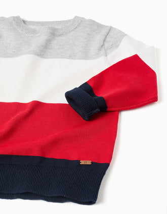 Camisola de malha às riscas para menino, cinza/branco/vermelho/azul