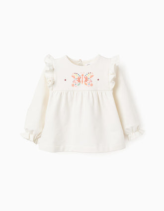 Brushed Sweatshirt with Flowers and Ruffles for Baby Girls, White