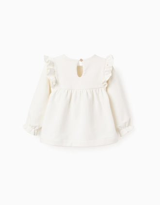 Brushed Sweatshirt with Flowers and Ruffles for Baby Girls, White