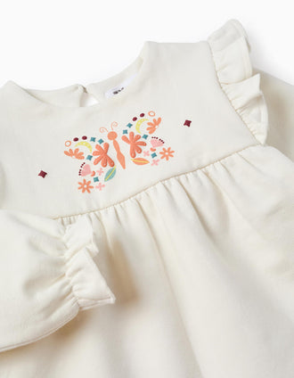 Brushed Sweatshirt with Flowers and Ruffles for Baby Girls, White