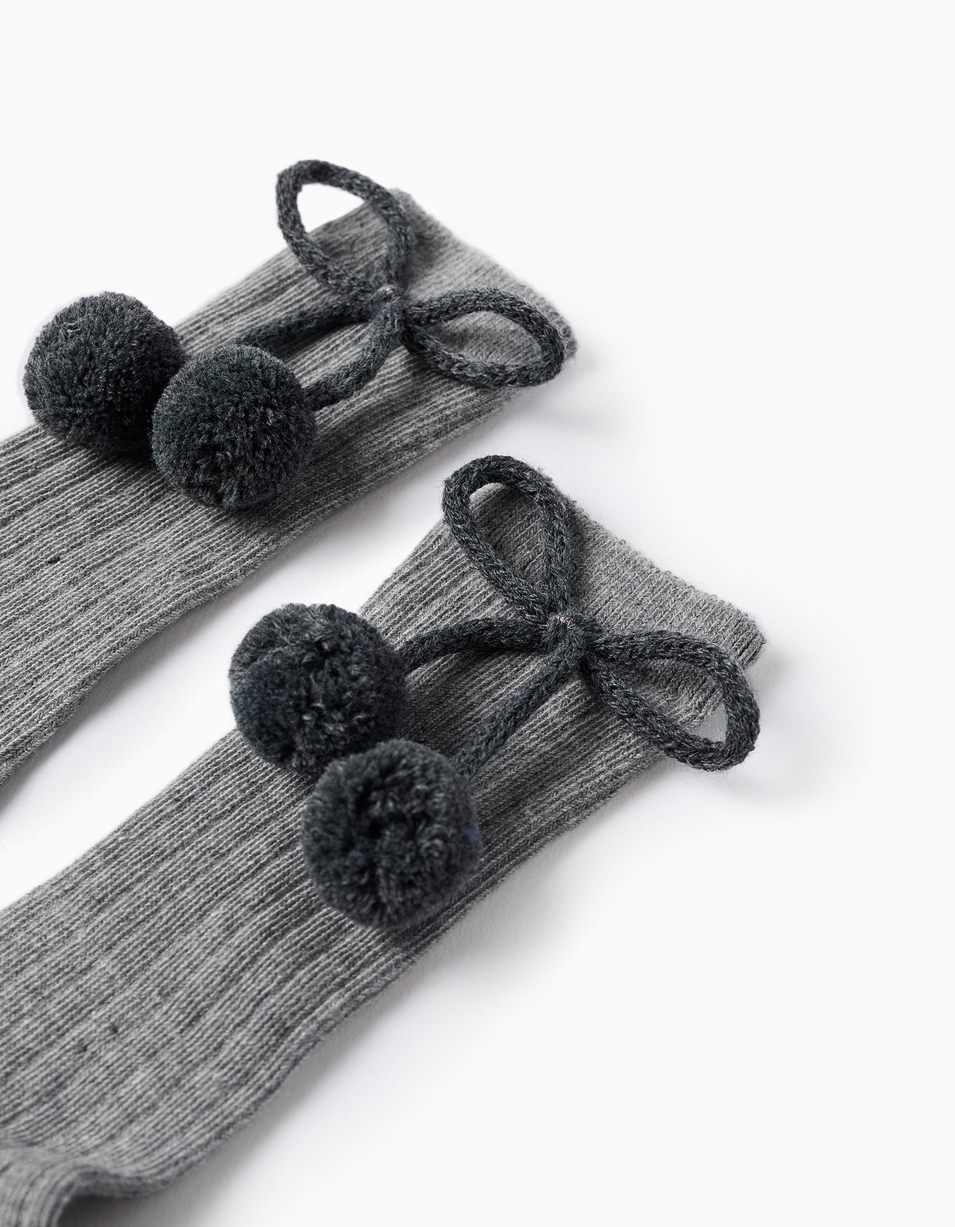 High Socks with Pompons for Girls, Grey