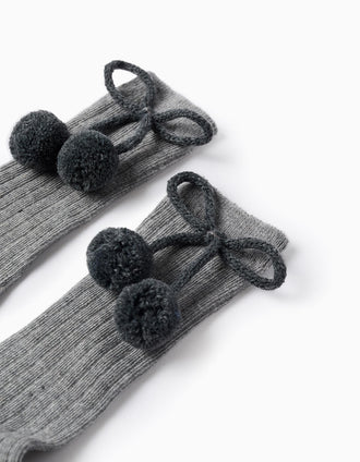 Calcetines Altos Acanalados con Pompones para Niña, Gris