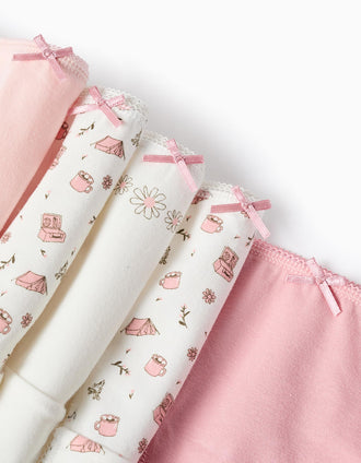 Pack of 5 Briefs for Girls 'Flowers & Camping', White/Pink
