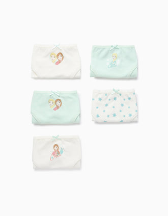 Pack of 5 Briefs for Girls 'Frozen Elsa & Anna', White/Green
