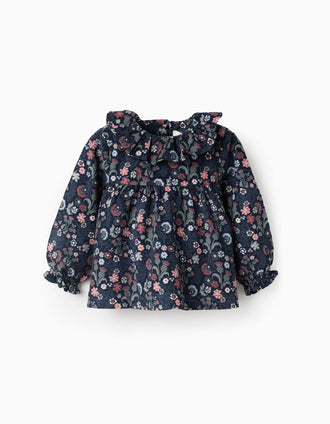 Floral Corduroy Blouse for Baby Girls, Dark Blue