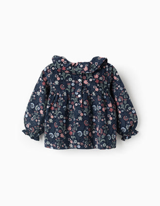 Floral Corduroy Blouse for Baby Girls, Dark Blue
