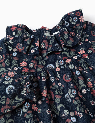 Floral Corduroy Blouse for Baby Girls, Dark Blue