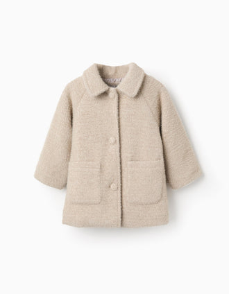 Fluffy Buttoned Jacket for Baby Girls, Beige