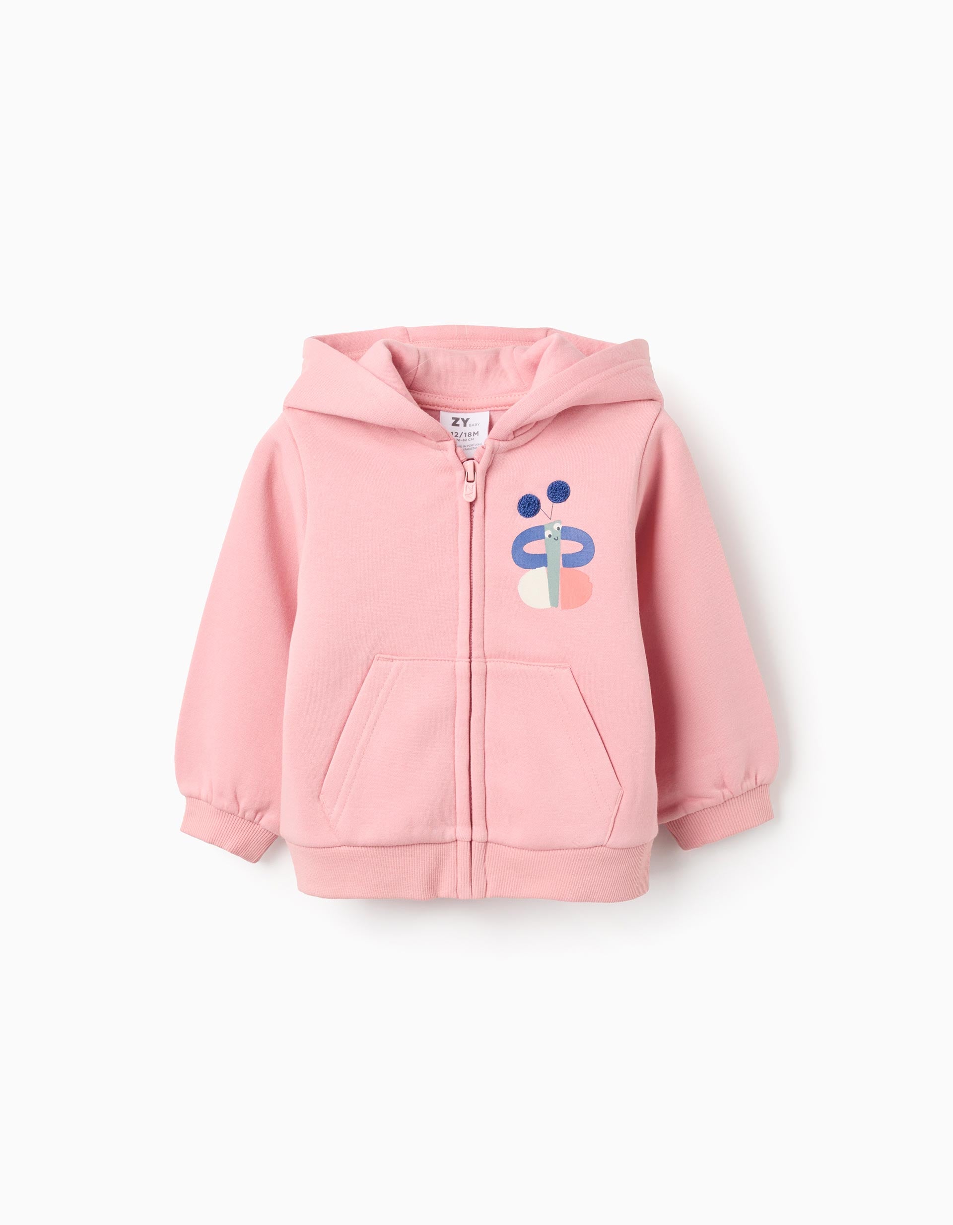 Brushed hooded jacket with chest print for baby girls, pink