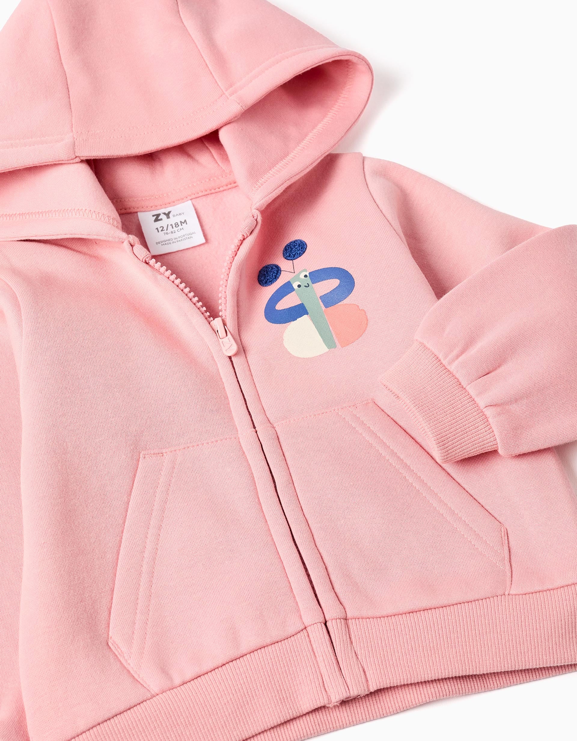 Brushed hooded jacket with chest print for baby girls, pink
