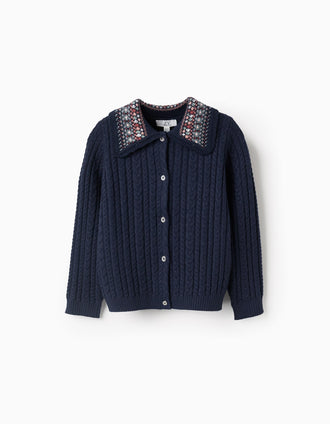 Chaqueta de Punto Trenzado con Cuello Floral para Niña, Azul Oscuro