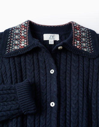 Chaqueta de Punto Trenzado con Cuello Floral para Niña, Azul Oscuro